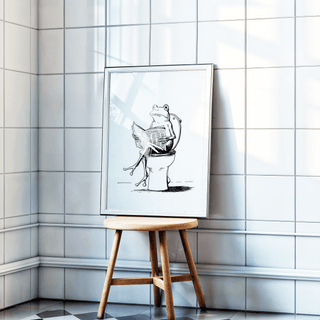 Playful illustration print of a frog on a toilet reading, drawn with crosshatching details
