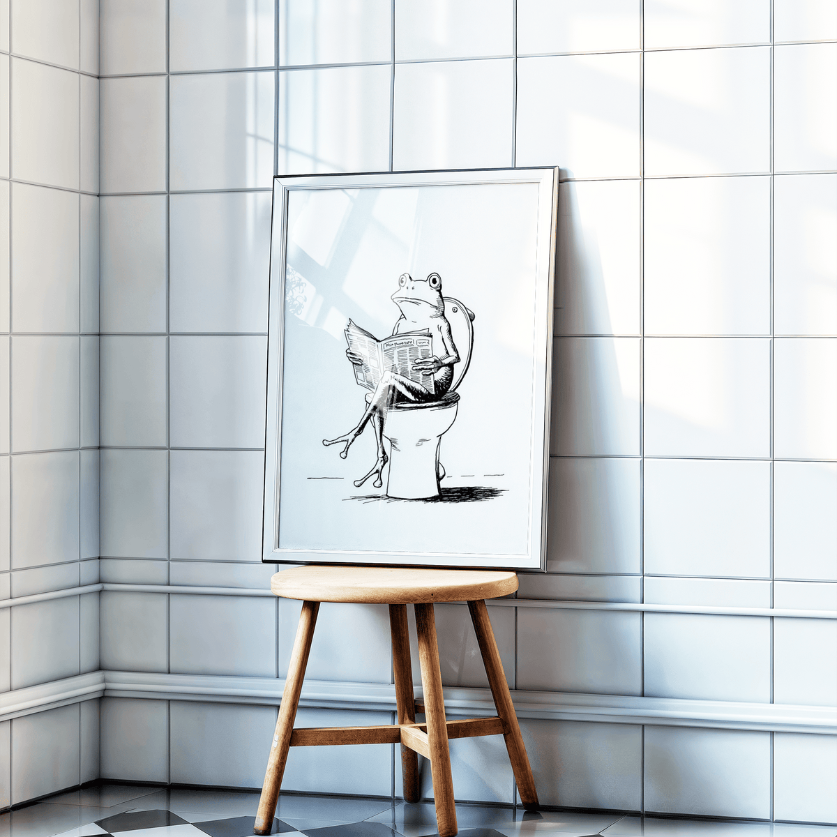 Playful illustration print of a frog on a toilet reading, drawn with crosshatching details