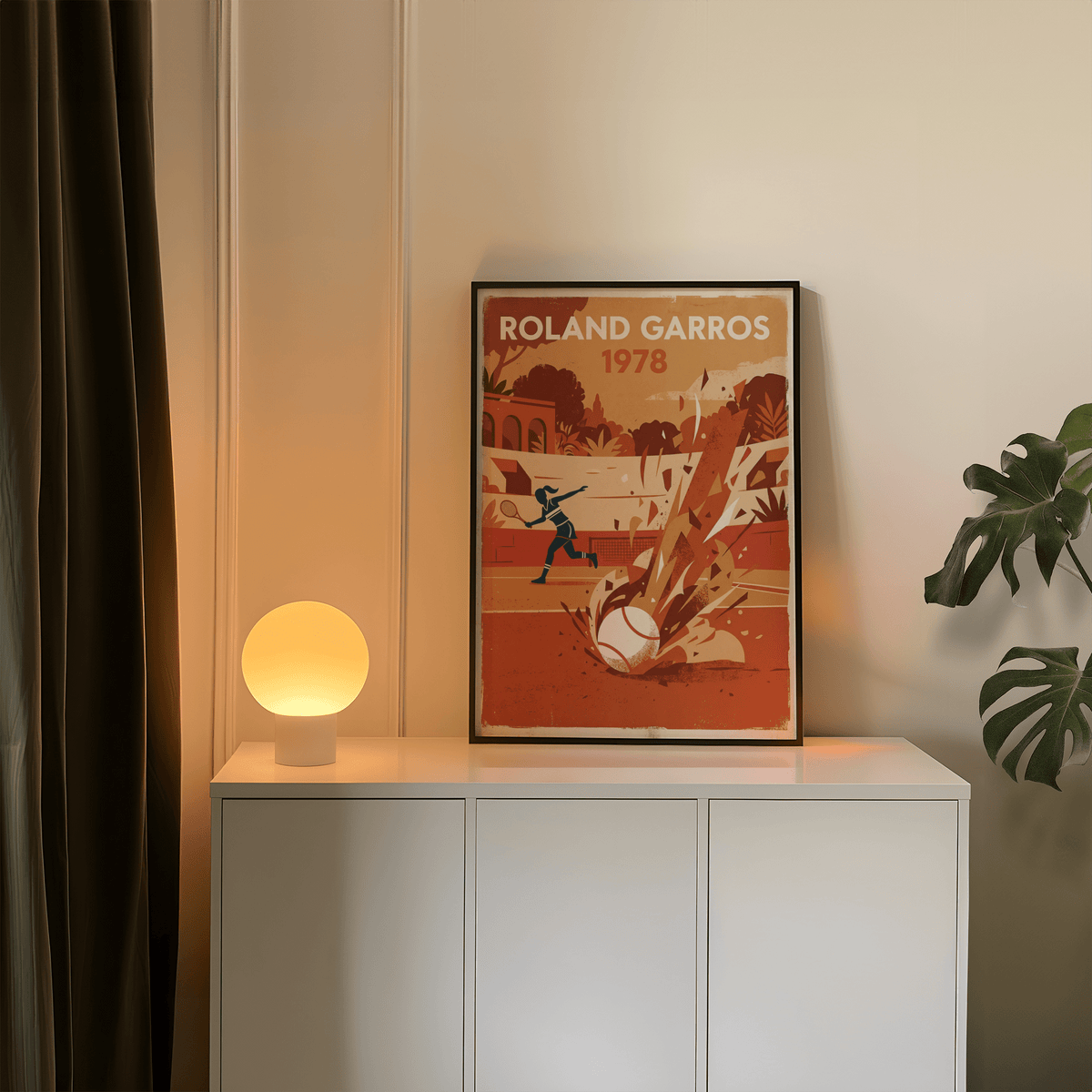 Vintage Tennis Art Print with Roland Garros 1978 text, tennis player silhouette, and exploding ball foreground