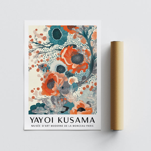 Graphic teal and orange wall art blending nature and modern design