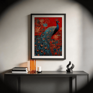 Indian Peacock Art Print showing ornamental lotus and block patterns