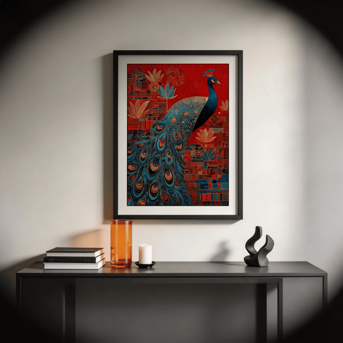 Indian Peacock Art Print showing ornamental lotus and block patterns