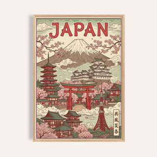 Japan Art Print with Green, Pink, Red, and Beige for living room wall art