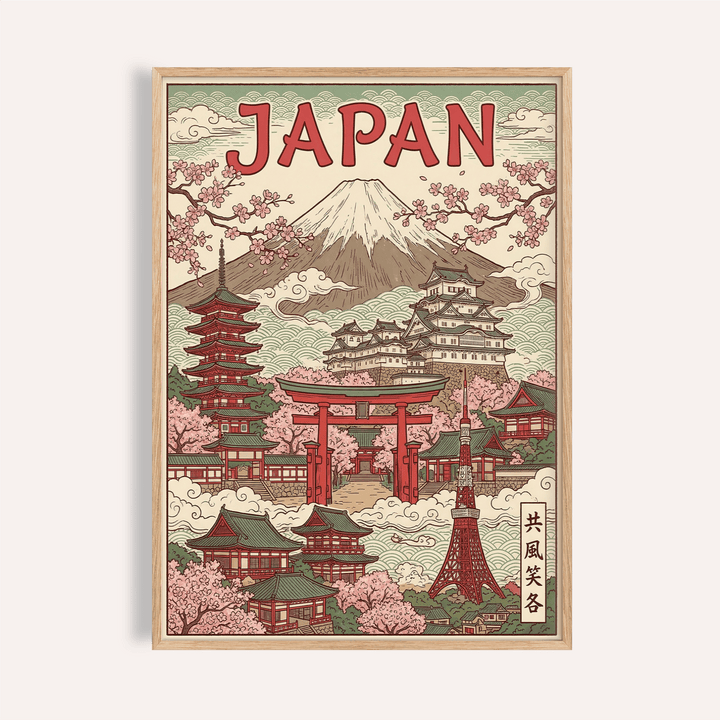 Japan Art Print with Green, Pink, Red, and Beige for living room wall art