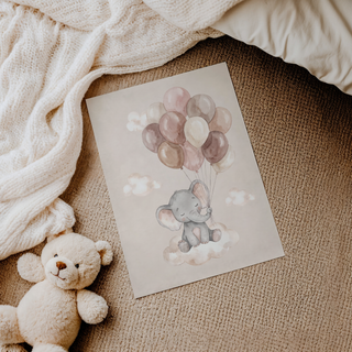 Gentle children’s poster of an elephant holding balloon strings in its trunk