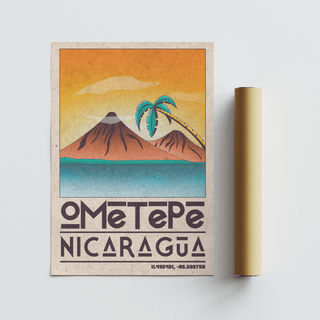 Ometepe Nicaragua Poster showing twin volcanoes and palm tree in a framed layout