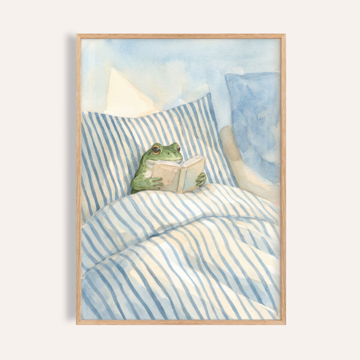 Watercolor frog reading in bed poster with striped duvet