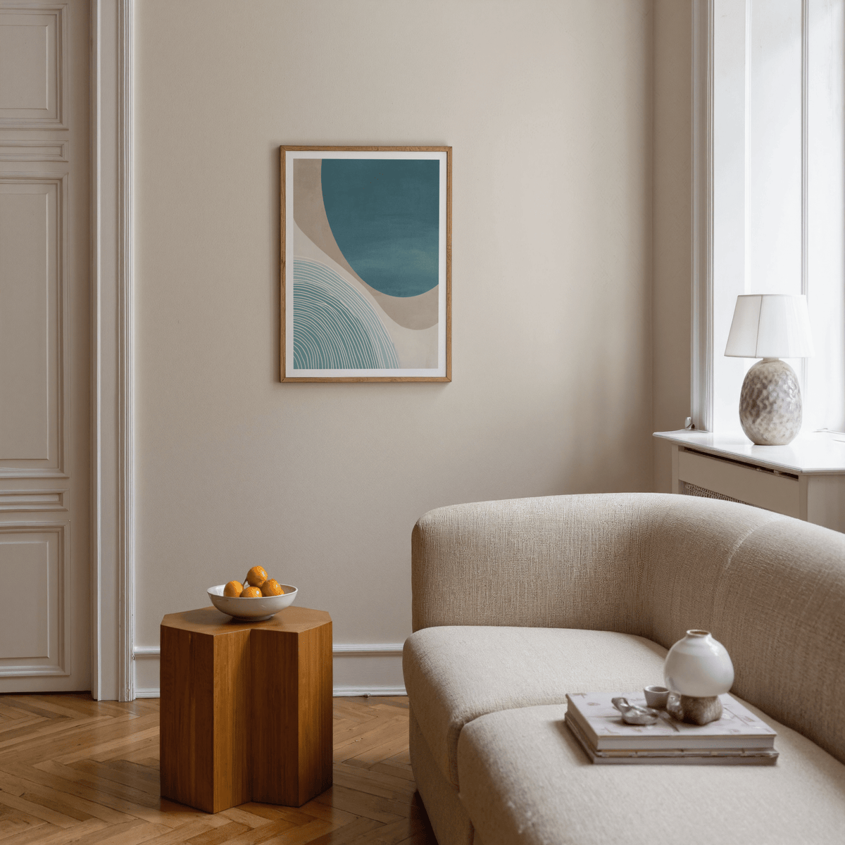 Curved circle wall art print with layered shapes and fine lines