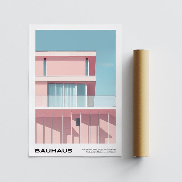 Framed poster of soft geometric building in mid century art art design.