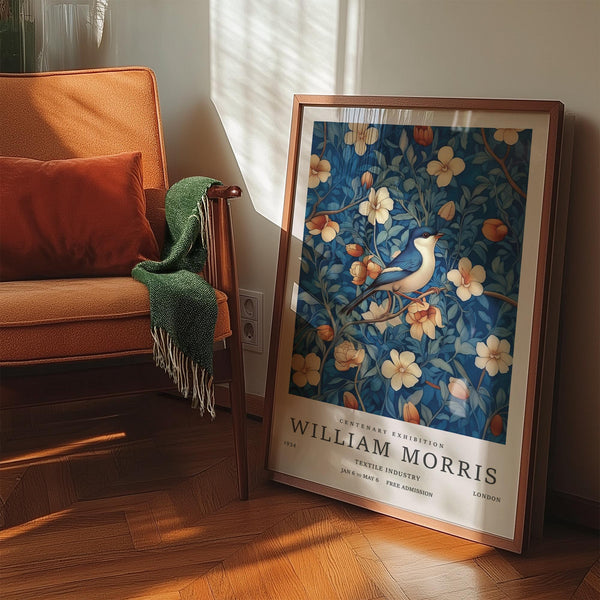 Vintage-style William Morris art with bird and floral design, perfect for nature lovers.