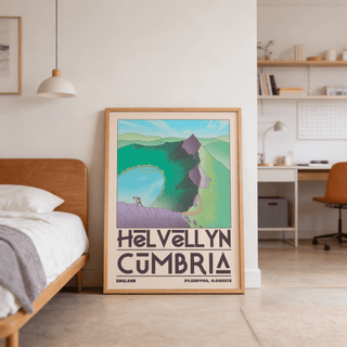 Stylized landscape wall art print featuring a lone hiker and sweeping lake shape