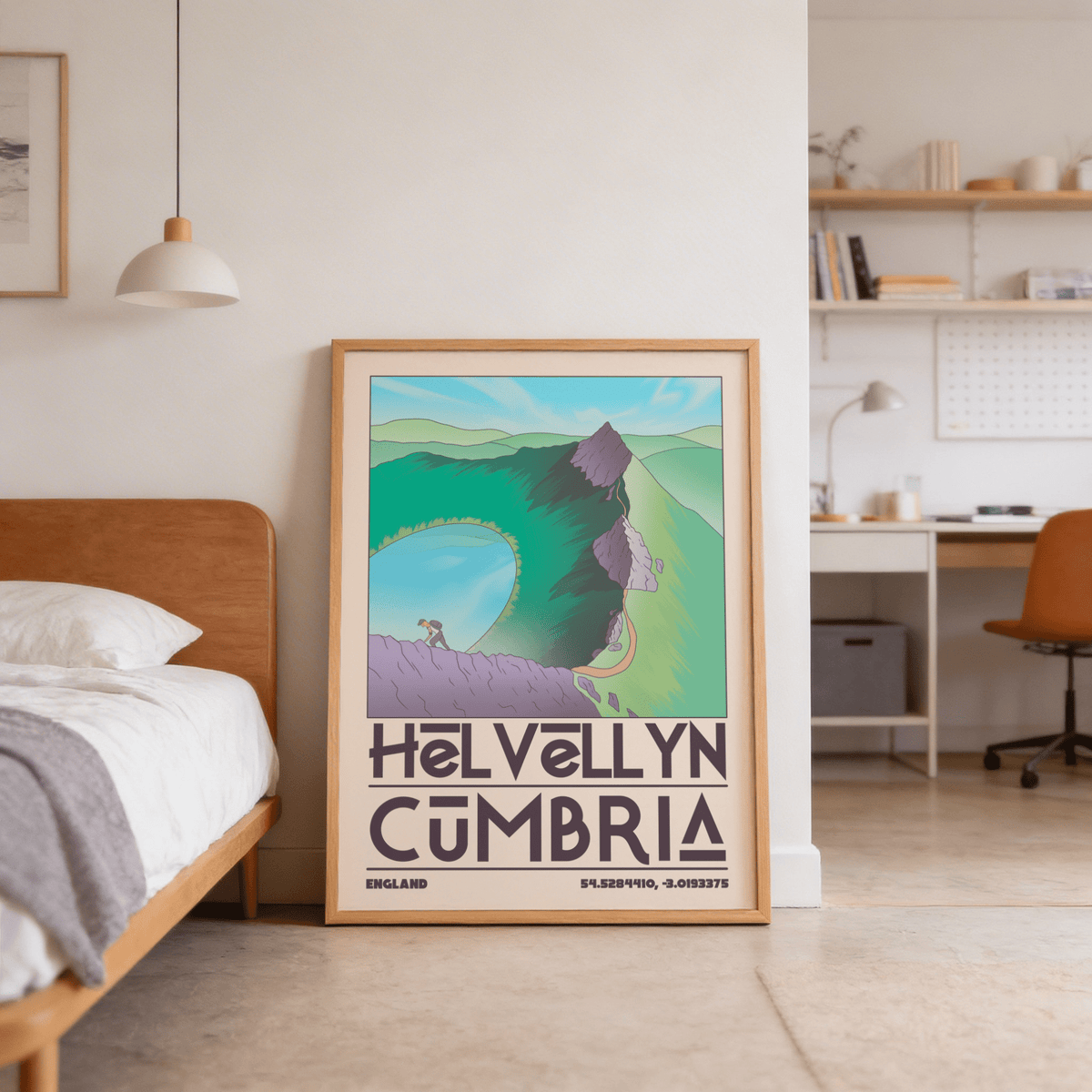 Stylized landscape wall art print featuring a lone hiker and sweeping lake shape