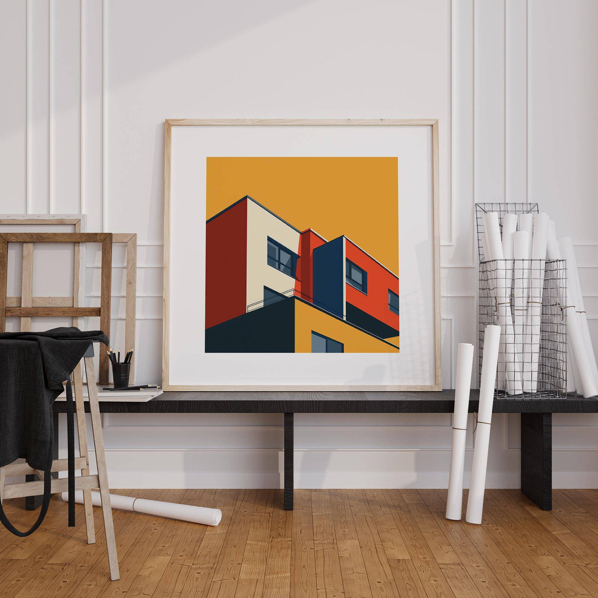 Abstract Bauhaus architecture print with urban elements