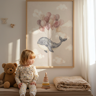 Nursery print showing a smiling whale in profile carried by balloons, Cute Whale Poster