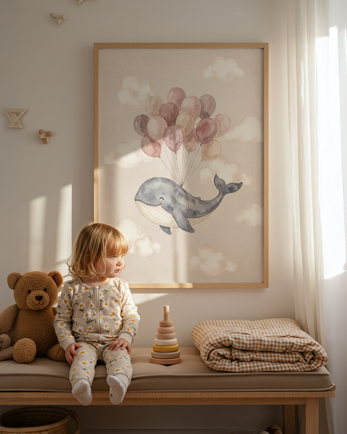 Nursery print showing a smiling whale in profile carried by balloons, Cute Whale Poster