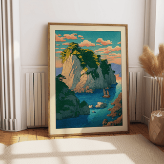 Close-up of coastal cliff poster with pine-covered rocks and calm water