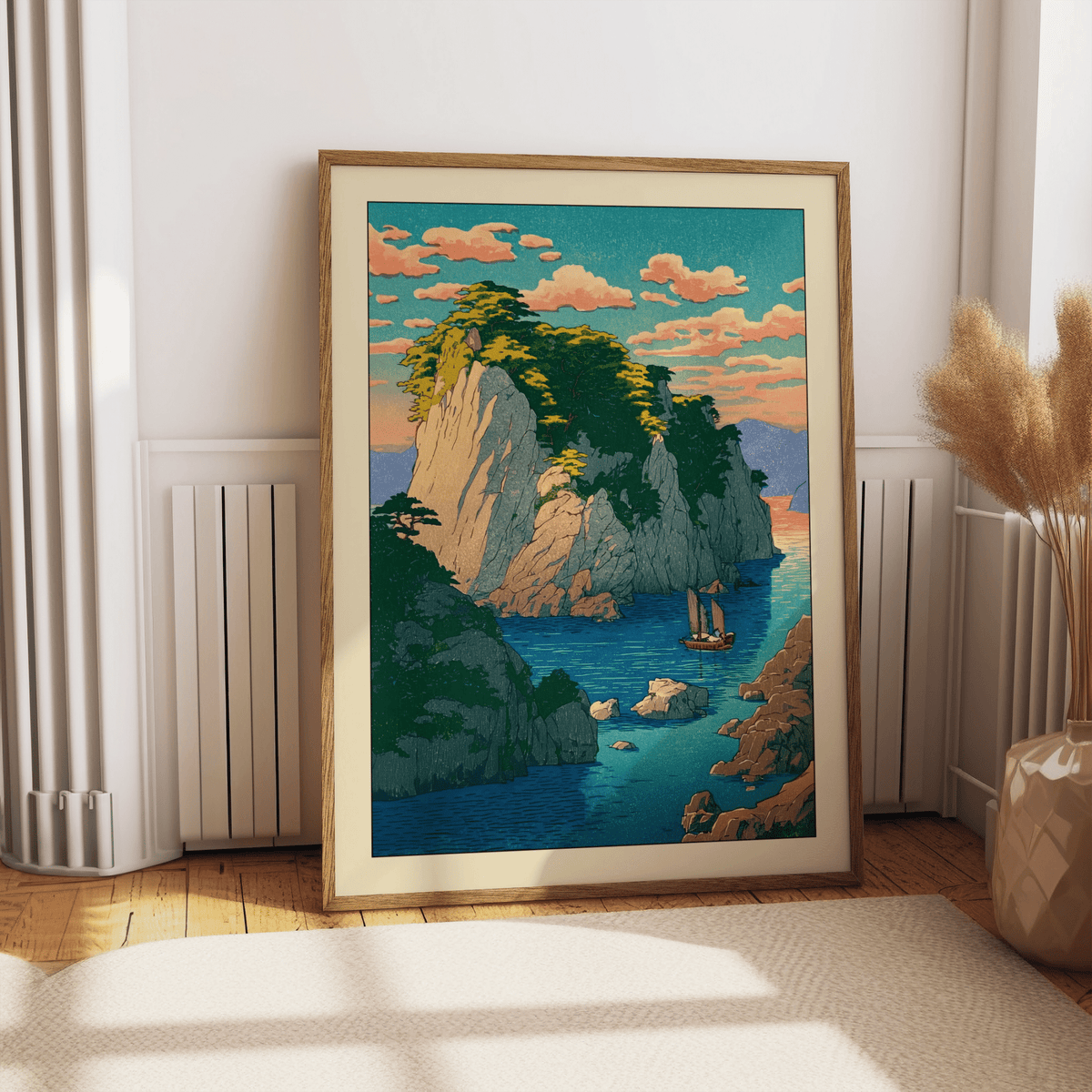Close-up of coastal cliff poster with pine-covered rocks and calm water