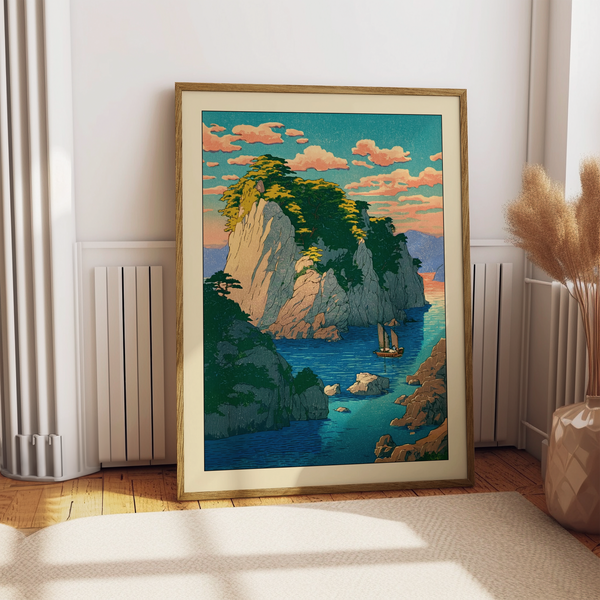 Close-up of coastal cliff poster with pine-covered rocks and calm water