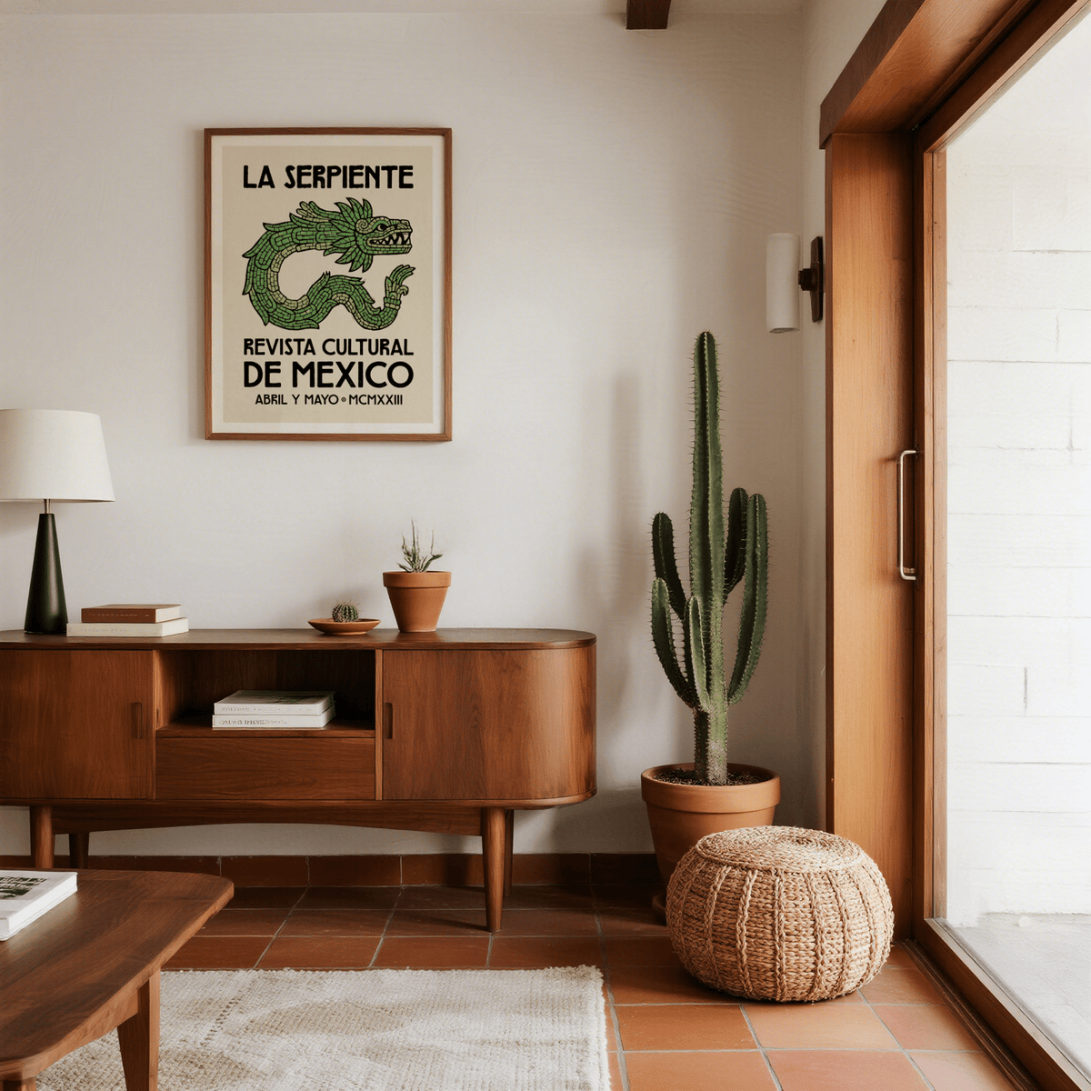 Framed mockup Serpent Cultural Art Print with Spanish title text and coiled serpent graphic