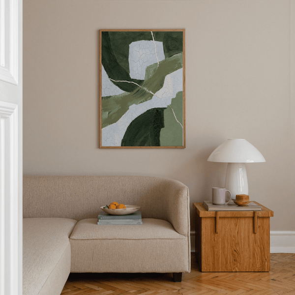 Abstract Green Wall Art print featuring blue and white shades for hallway