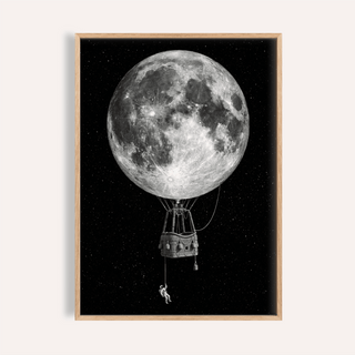 Moon Hot Air Balloon Art in black and white for living room wall art