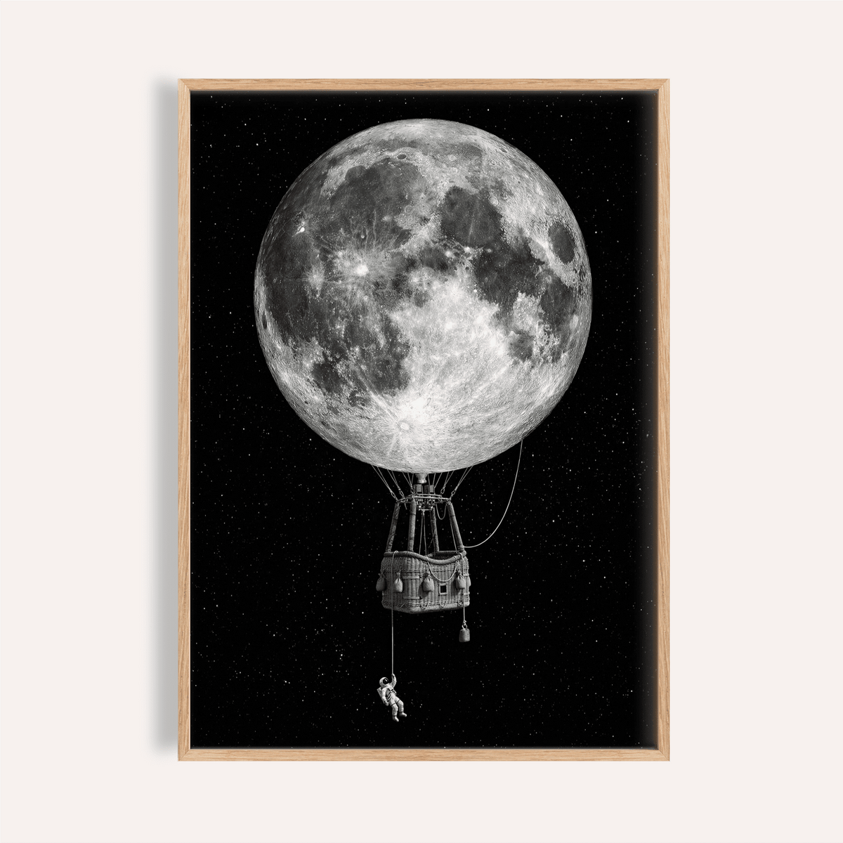 Moon Hot Air Balloon Art in black and white for living room wall art