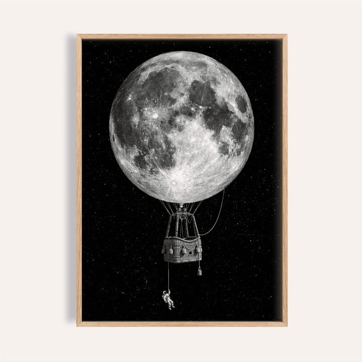 Moon Hot Air Balloon Art in black and white for living room wall art