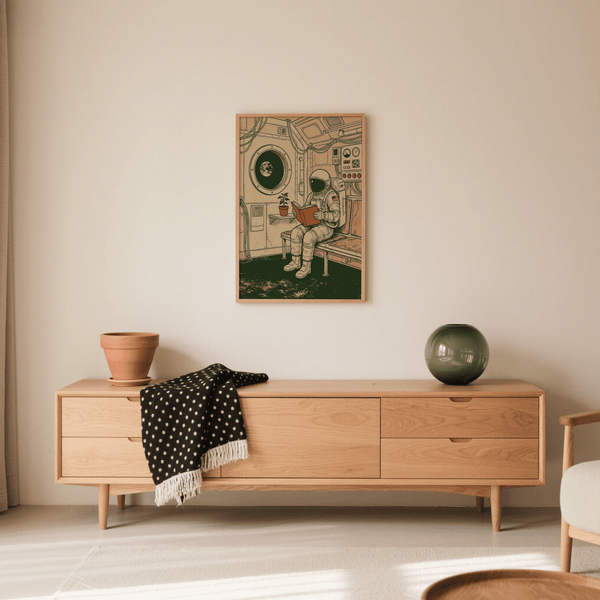 Reading Astronaut Poster for modern workspace with greens, beige, and orange tones