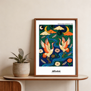 Illustrated Colorful Crane Poster showing paired cranes above a curving river with flowers and clouds