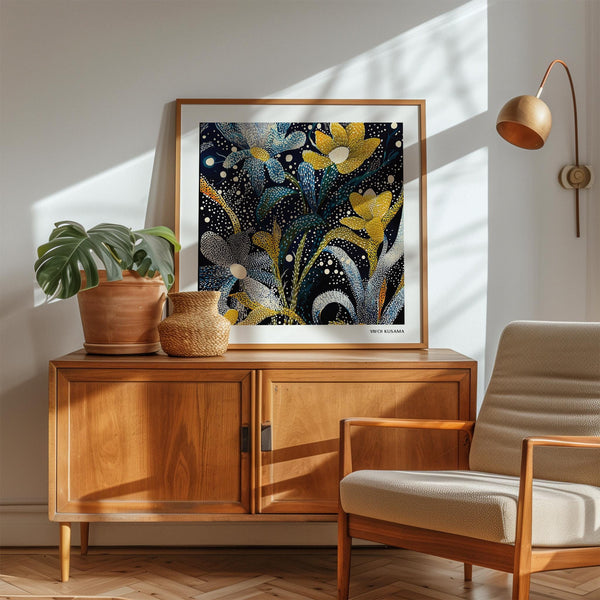 Japanese-style Dark Floral Wall Art with dotted botanical motifs.