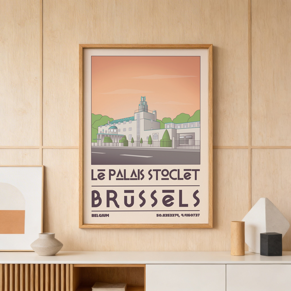 Close view of Art Deco Brussels Print showing angular lettering