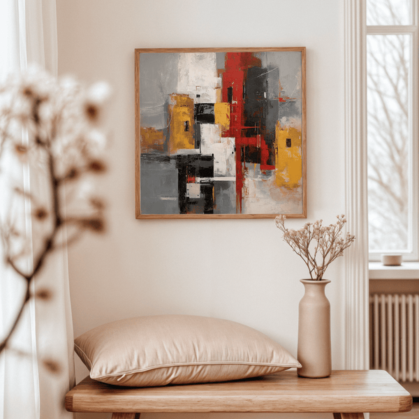 Red and Yellow Abstract Poster featuring urban gray and vibrant colors for lounge