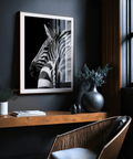 Portrait-style Black and White Zebra Print wall art with zebra head close-up