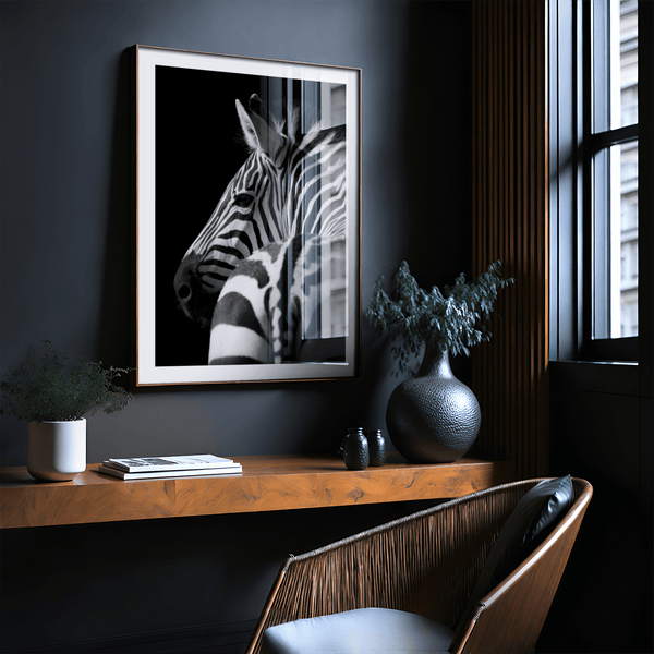 Portrait-style Black and White Zebra Print wall art with zebra head close-up