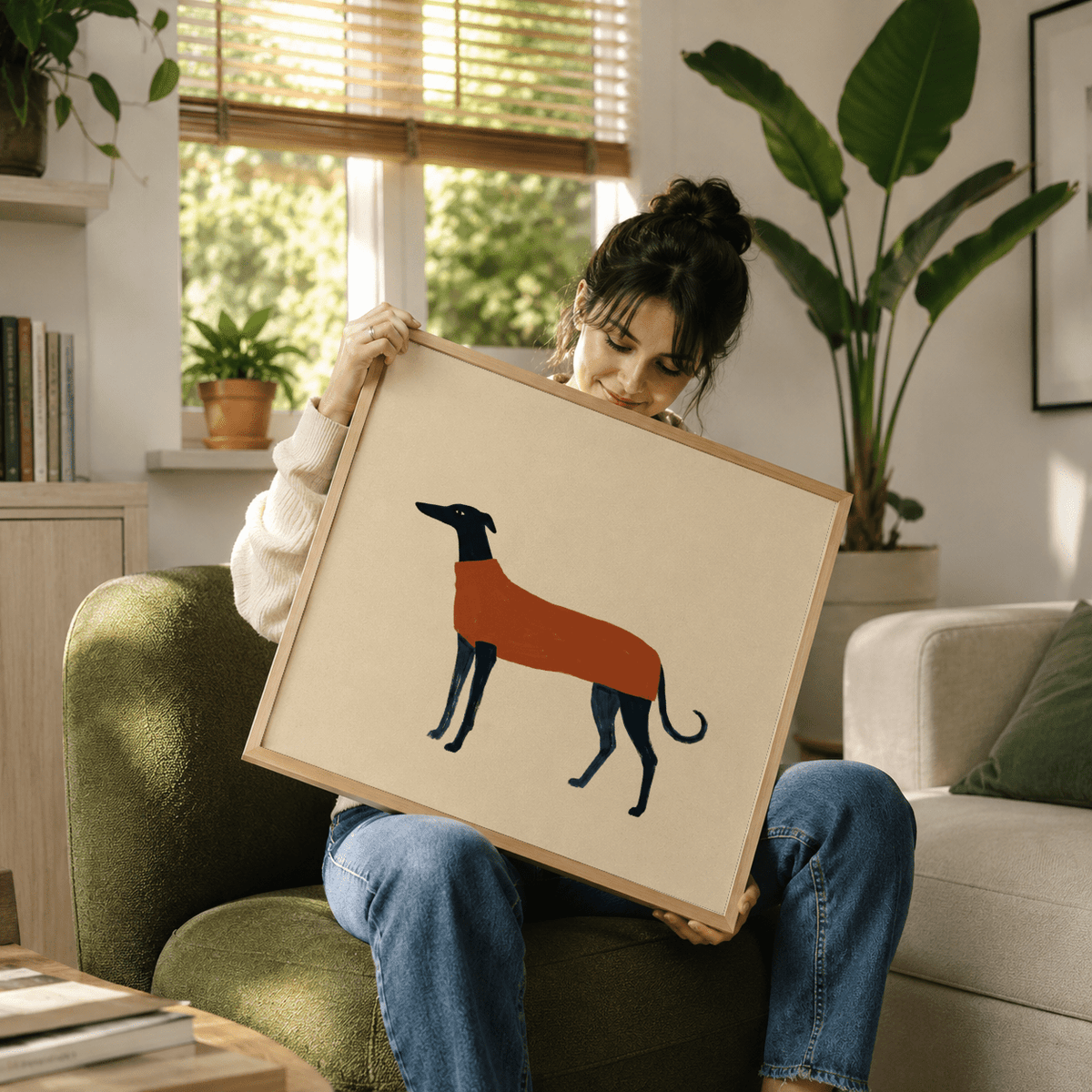 Minimal dog wall decor showing orange torso shape on beige background