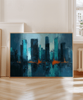 Blue Artwork City decor in Blue and Orange, perfect for office wall art