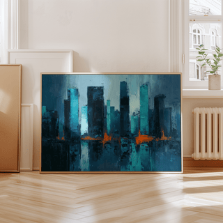 Blue Artwork City decor in Blue and Orange, perfect for office wall art