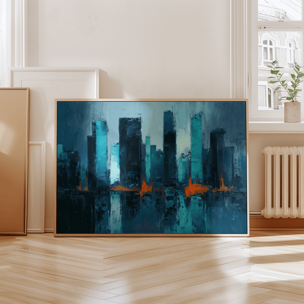 Blue Artwork City decor in Blue and Orange, perfect for office wall art