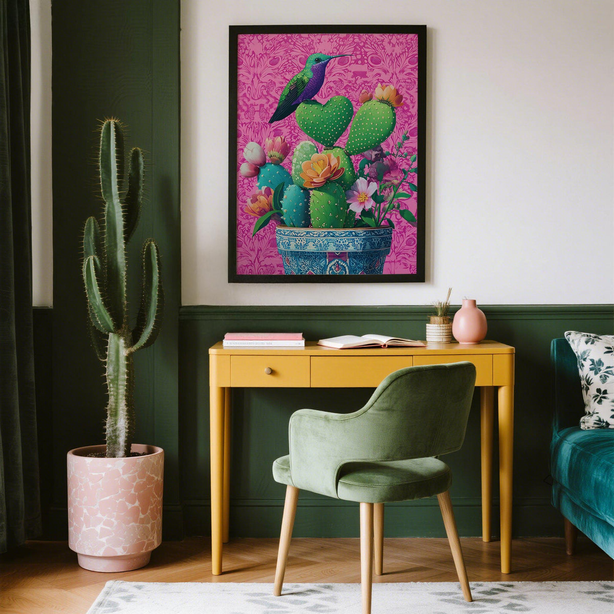 Hummingbird perched on heart shaped cactus against floral pink background
