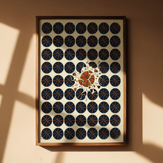 Textured basketball wall art in Blue and Orange circles on a Beige background