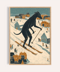 Skiing Dog Art Print in Blue, Orange, Beige, and Black for living room wall art