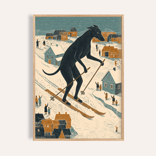 Skiing Dog Art Print in Blue, Orange, Beige, and Black for living room wall art