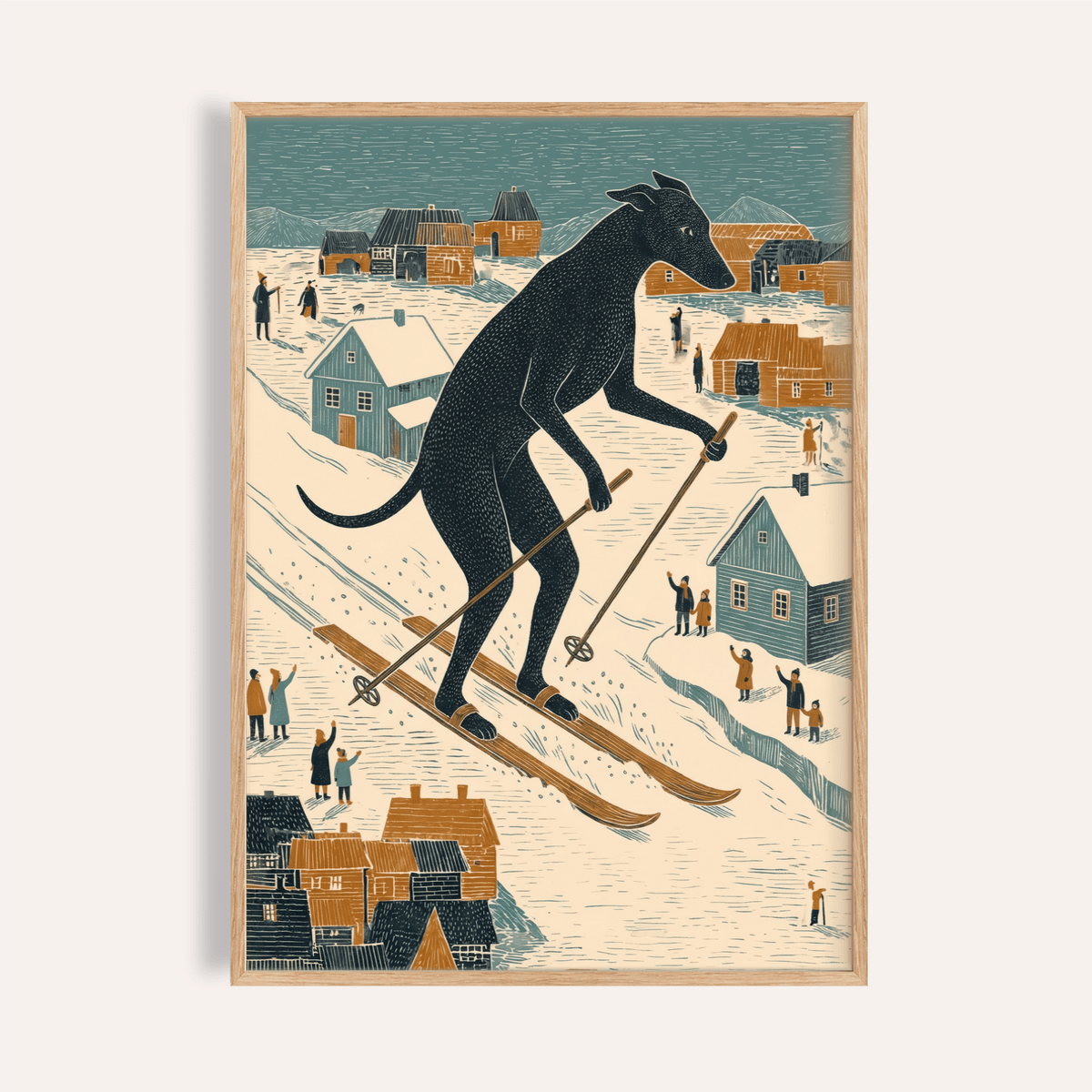 Skiing Dog Art Print in Blue, Orange, Beige, and Black for living room wall art