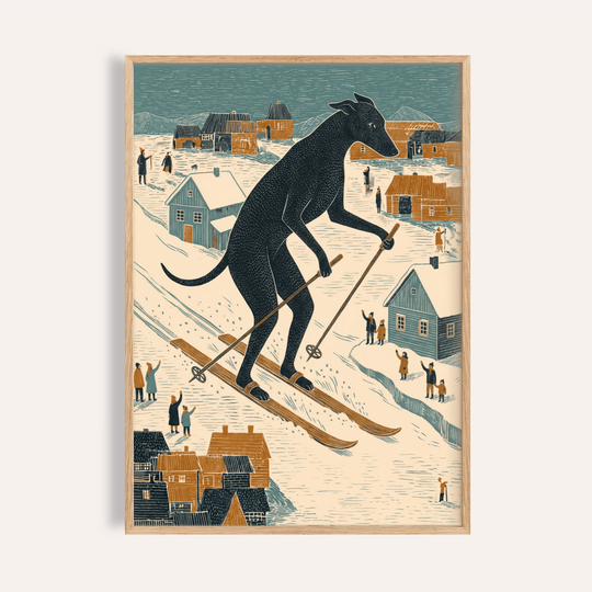 Skiing Dog Art Print in Blue, Orange, Beige, and Black for living room wall art