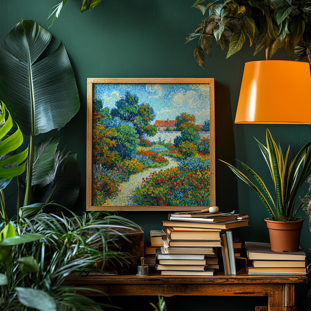 Colorful Flower Garden Print, Green leaves and Blue shadows, nursery decor print