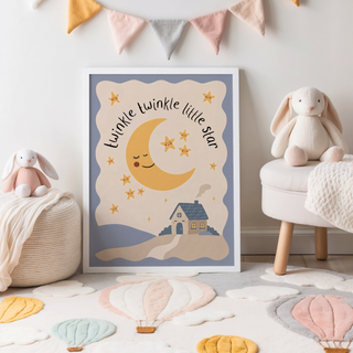 Cute nursery wall illustration featuring star faces around a curved moon
