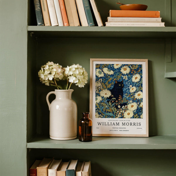 Black Cat Art Print with midnight feline hidden in blooming daisy field.