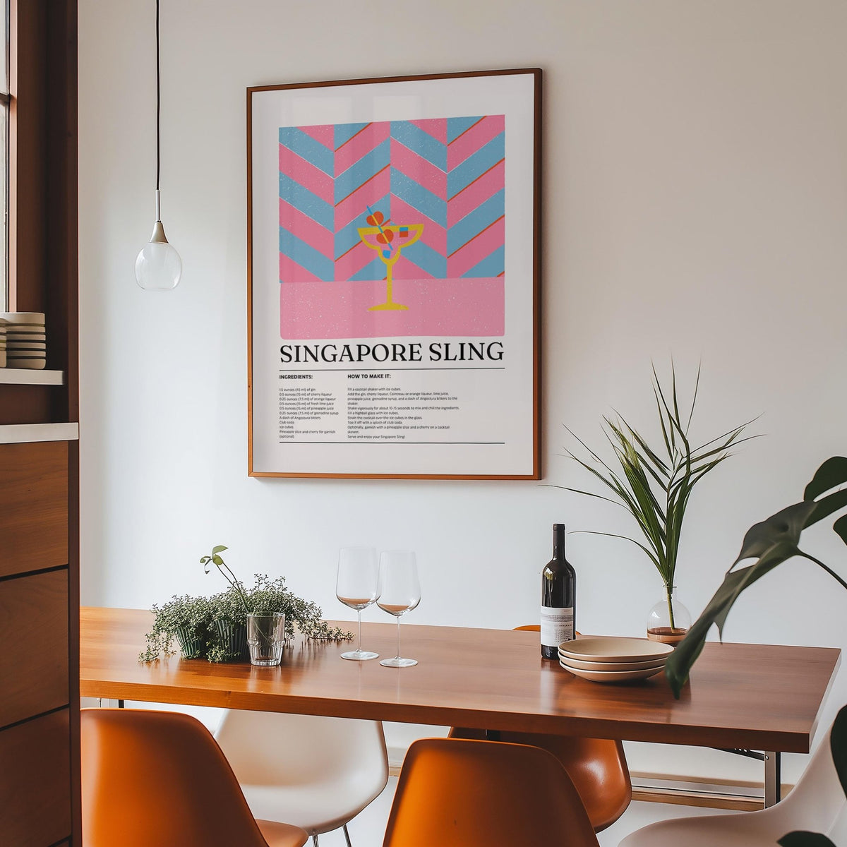 Mid-century inspired drinks art showing classic Singapore Sling


