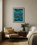Green and Blue lotus pond wall art print with bridge and cloud-like shapes