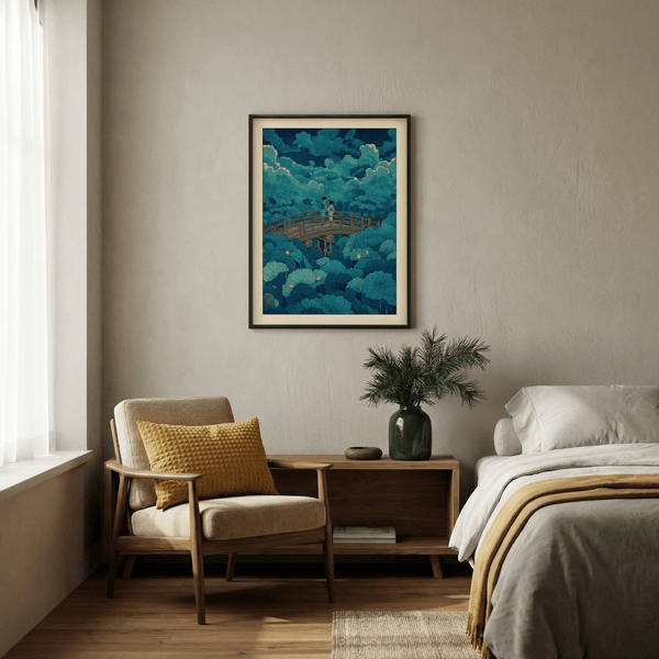 Green and Blue lotus pond wall art print with bridge and cloud-like shapes